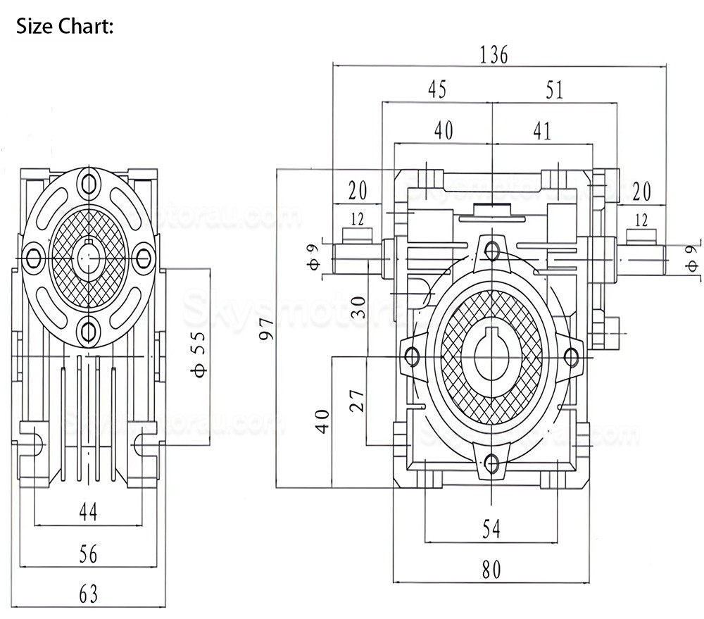NRV030-VS Series Worm Drive Gearbox, Ratio 5:1-80:1 Input Shaft 9mm Output Hole 14mm